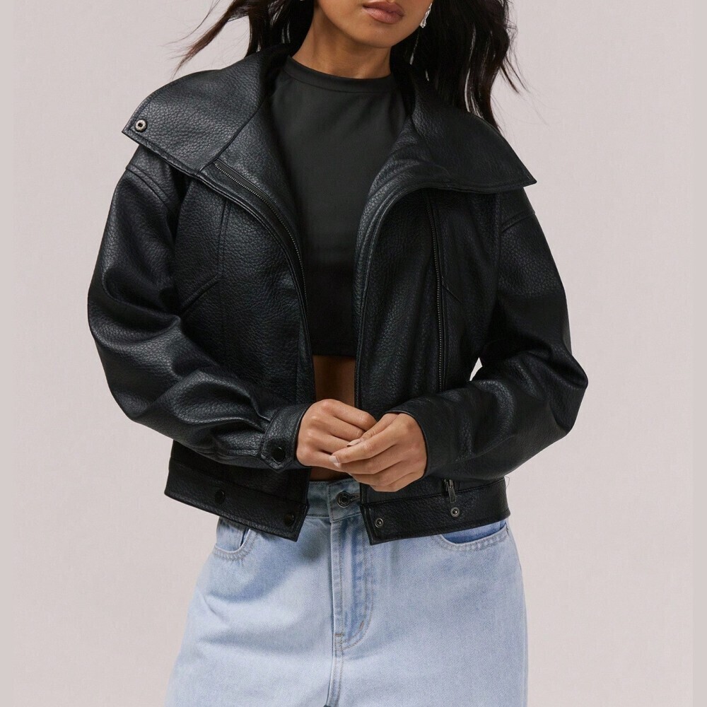 Black Faux Leather Cropped Moto Jacket with Oversized Collar